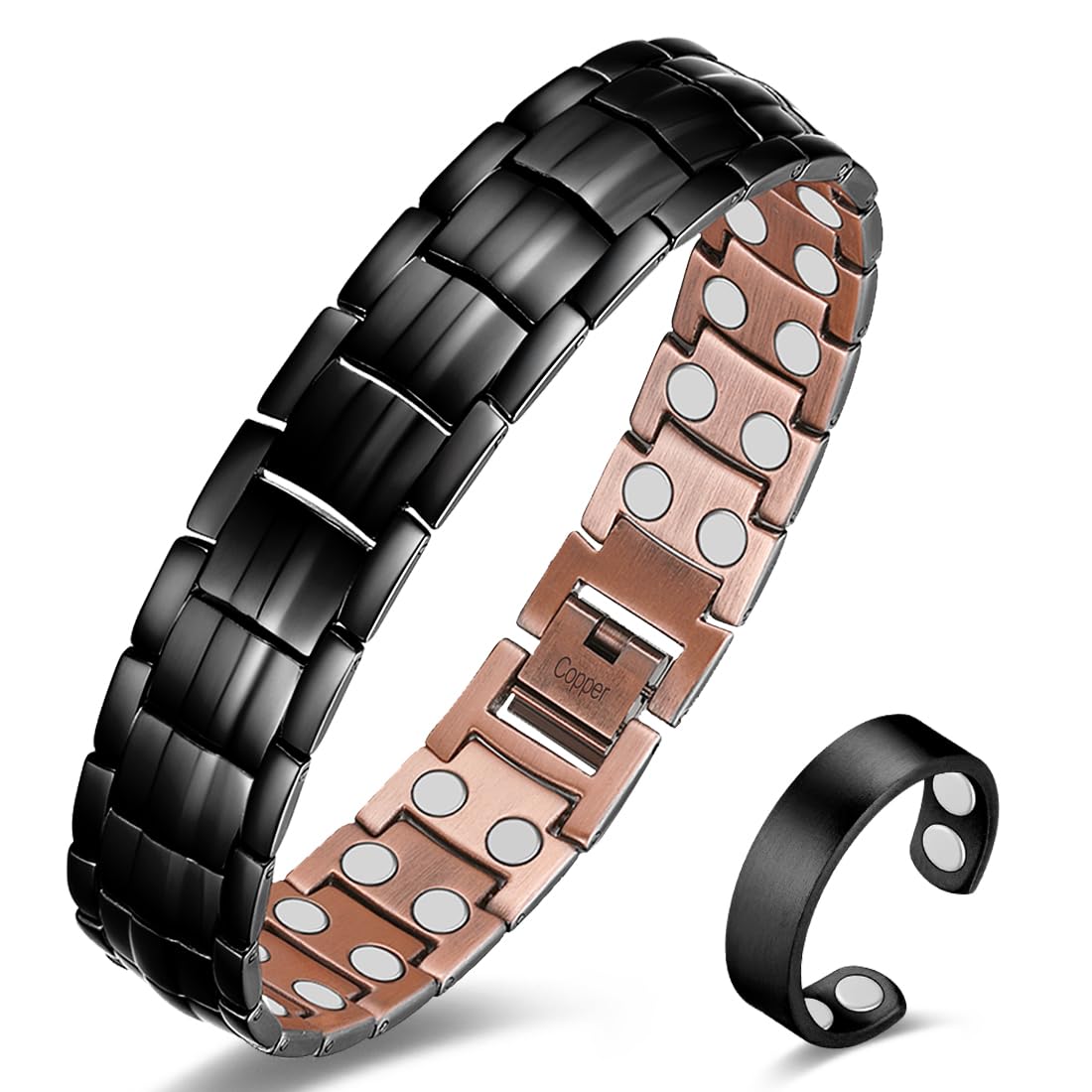 Cigmag Copper Bracelet for Men, Pure Copper Magnetic Bracelet & Ring Set with Strength 3800 Gauss Magnets, Adjustable with Sizing Tool (Double Row Black)
