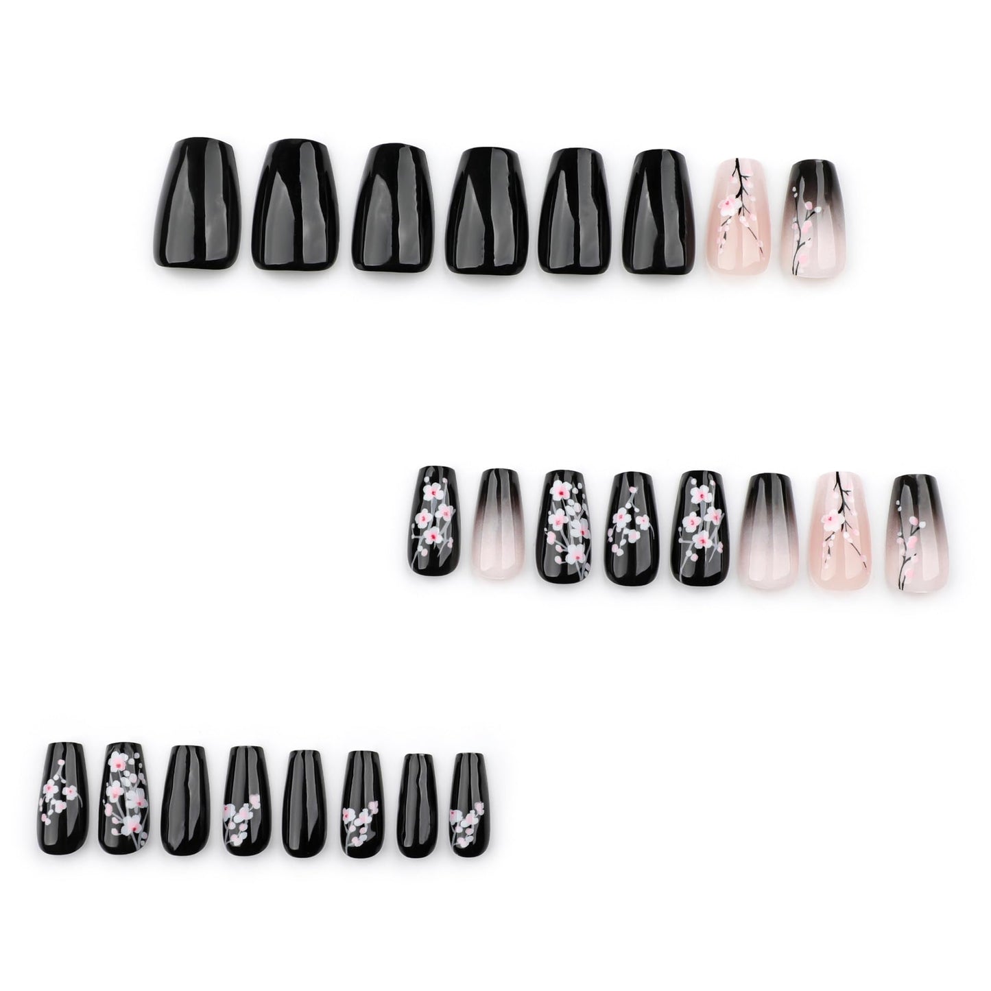 24Pcs Medium Press on Nails Coffin Shaped Fake Nails with Designs Black Gradient Nails Press ons Full Cover Stick on Nails Spring Glue on Nails False Nails for Women Girls Manicure Art