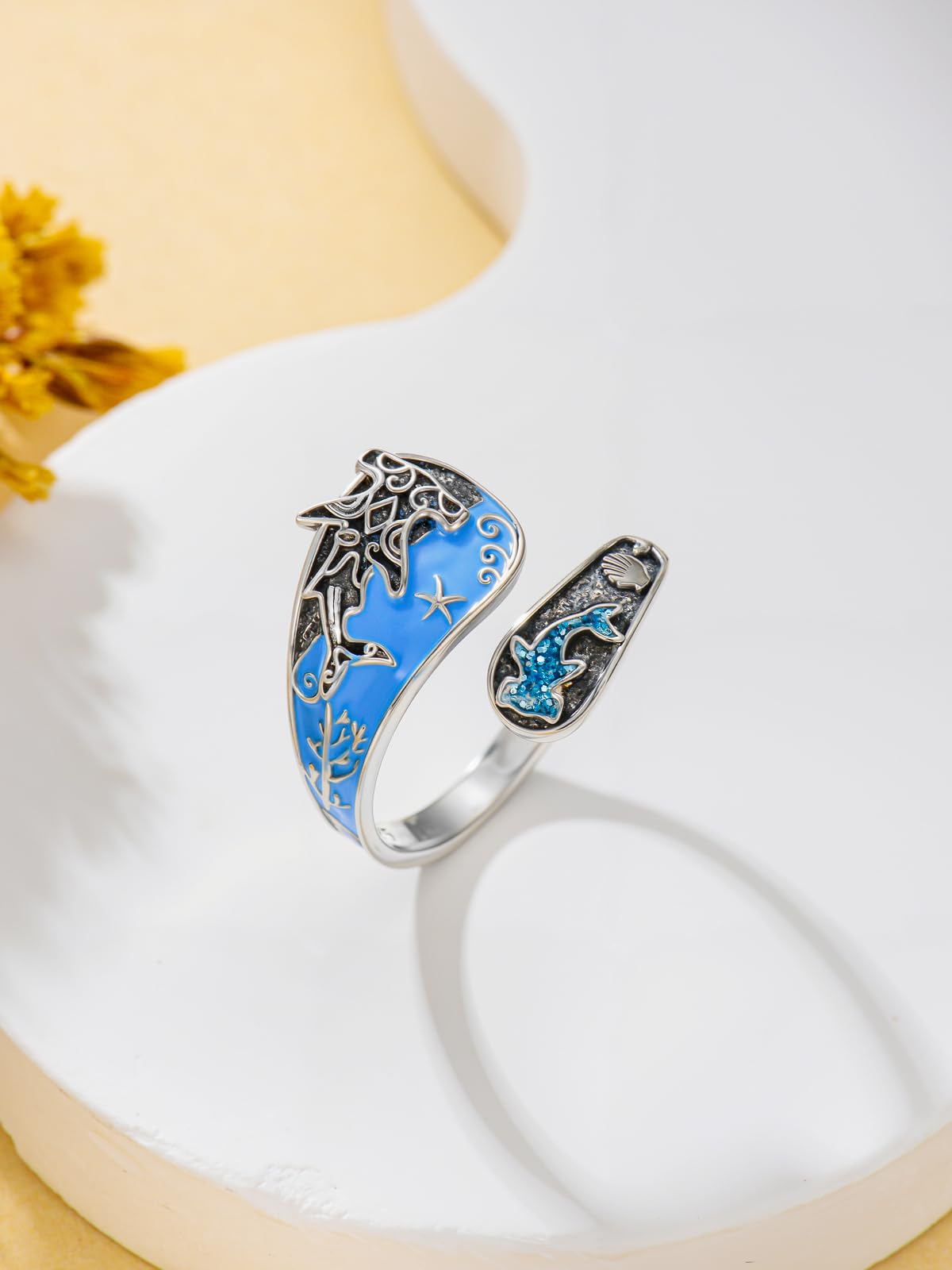 Midari Shark Spoon Rings for Women 925 Sterling Silver Adjustable Hammerhead Shark Ring Adjustable Spoon Rings Ocean Jewelry Gift for Women Wave Shark Lovers