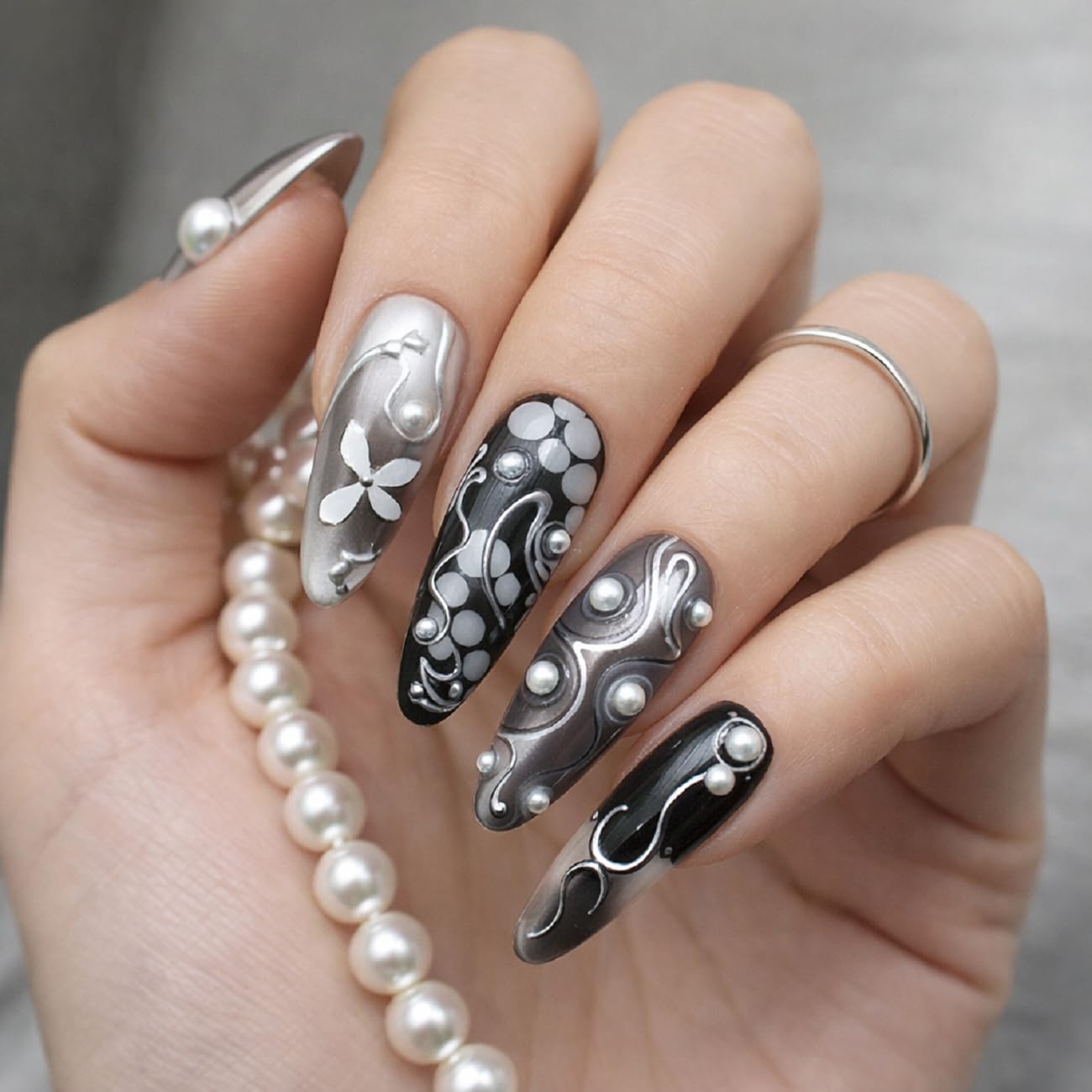 WZHAOJUN Handmade Press On Nails,Medium Black Presson Nails For Women,10pcs Abs Material Fake Nails With Design-Reusable Glue On Hand Made Nails For Party Wedding(10Pcs Size M)