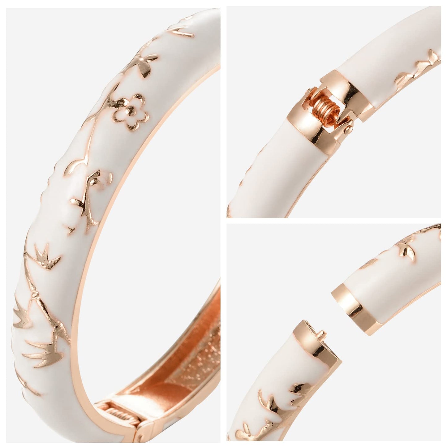 UJOY Flowers Bracelet Multi-Colors Cloisonne Wedding Jewelry Gift Women Enameled Bangles Opening Hinged 55A117 Bamboo White