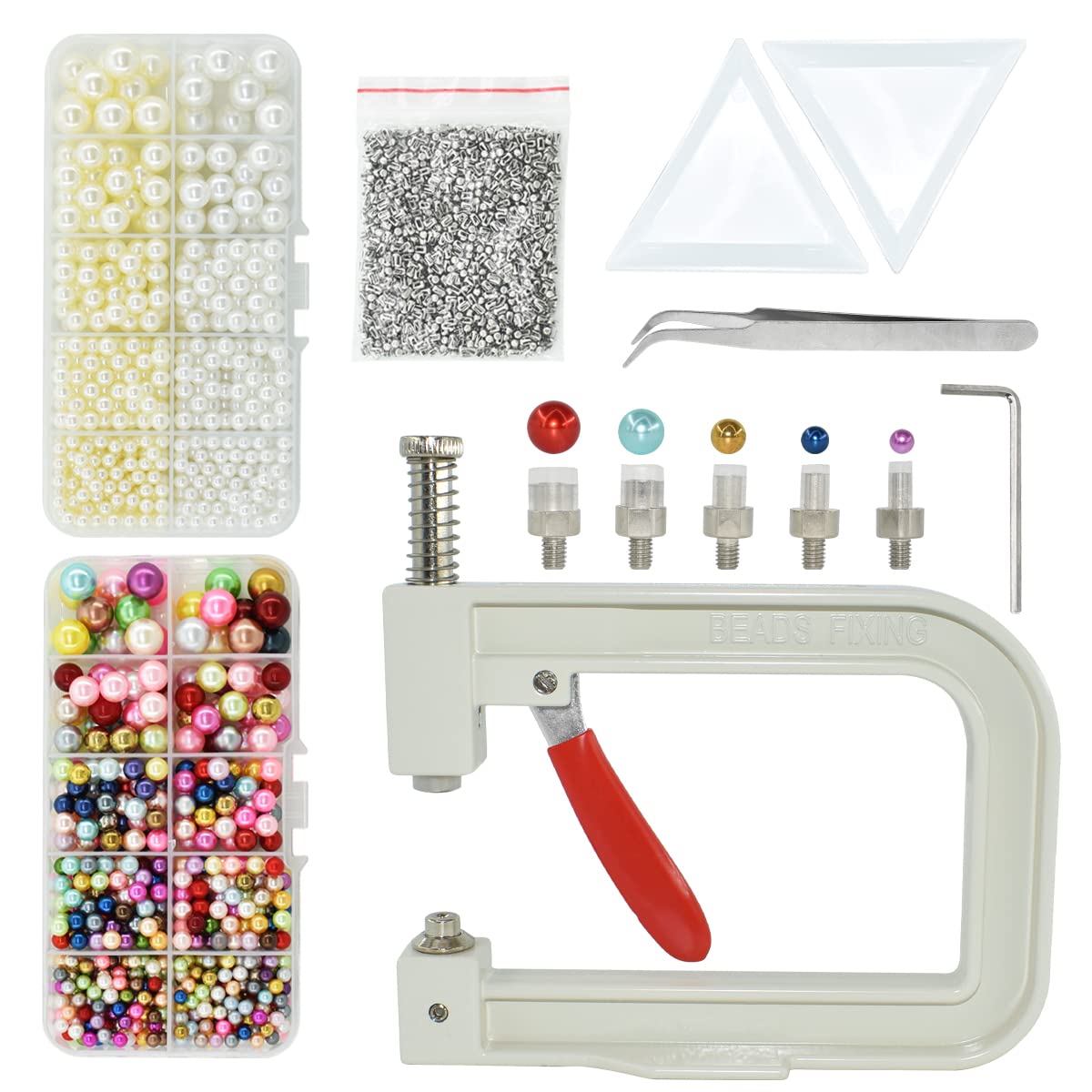 5400pcs Pearl Beads Hand Press Pearl Setting Tool Set, Beads Rivet Fixing Machine, DIY Handmade Pearl Setting Machine with Beads Nails Screw Heads Tweezers Wrench Trays for DIY Crafts Accessories
