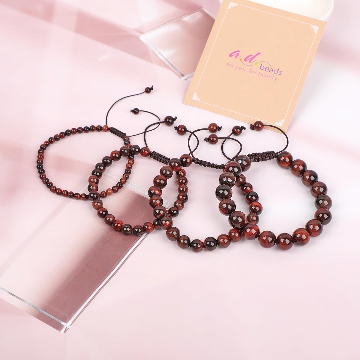AD Beads 8mm Red Tiger's Eye - Challenge oneself - Handmade Natural Stone Crystal Bracelet with Adjustable Macrame String - Yoga Healing Power Energy Gifts for Men and Women