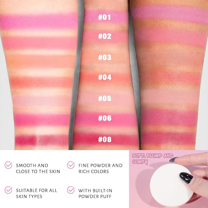 Natural Single Matte for Face Cheeks Blush with Makeup Powder Puff, Rose Pink Monochrome Blush Cream Powder Makeup Palette Blushes Long-lasting Color Blendable Foundation for Women Every Day 01