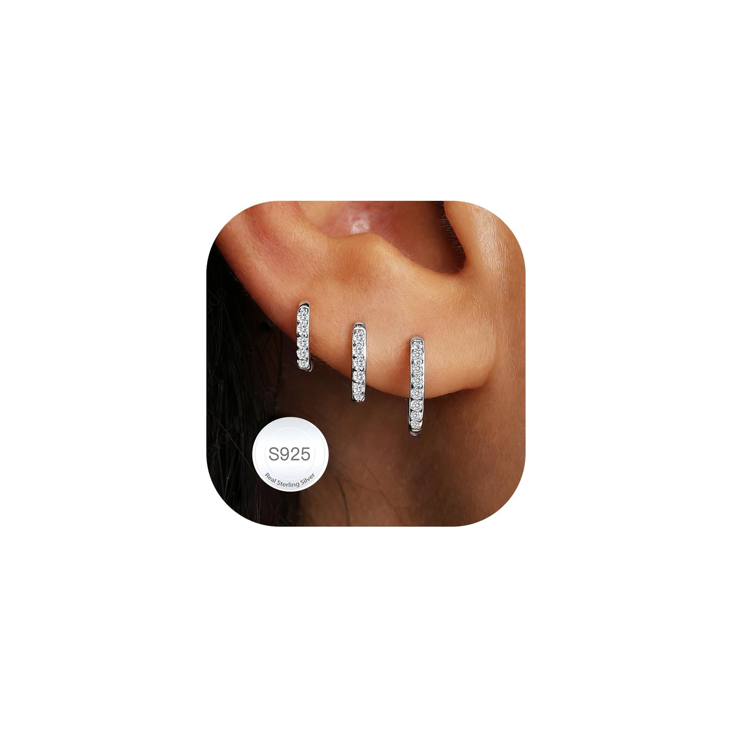 DORANA 3 Pairs 925 Sterling Silver Earrings for Women Non Tarnish Small Huggie Hoop Earrings Hypoallergenic Cartilage Hoops Stackable Earring Silver Stacks Sets for Multiple Piercing