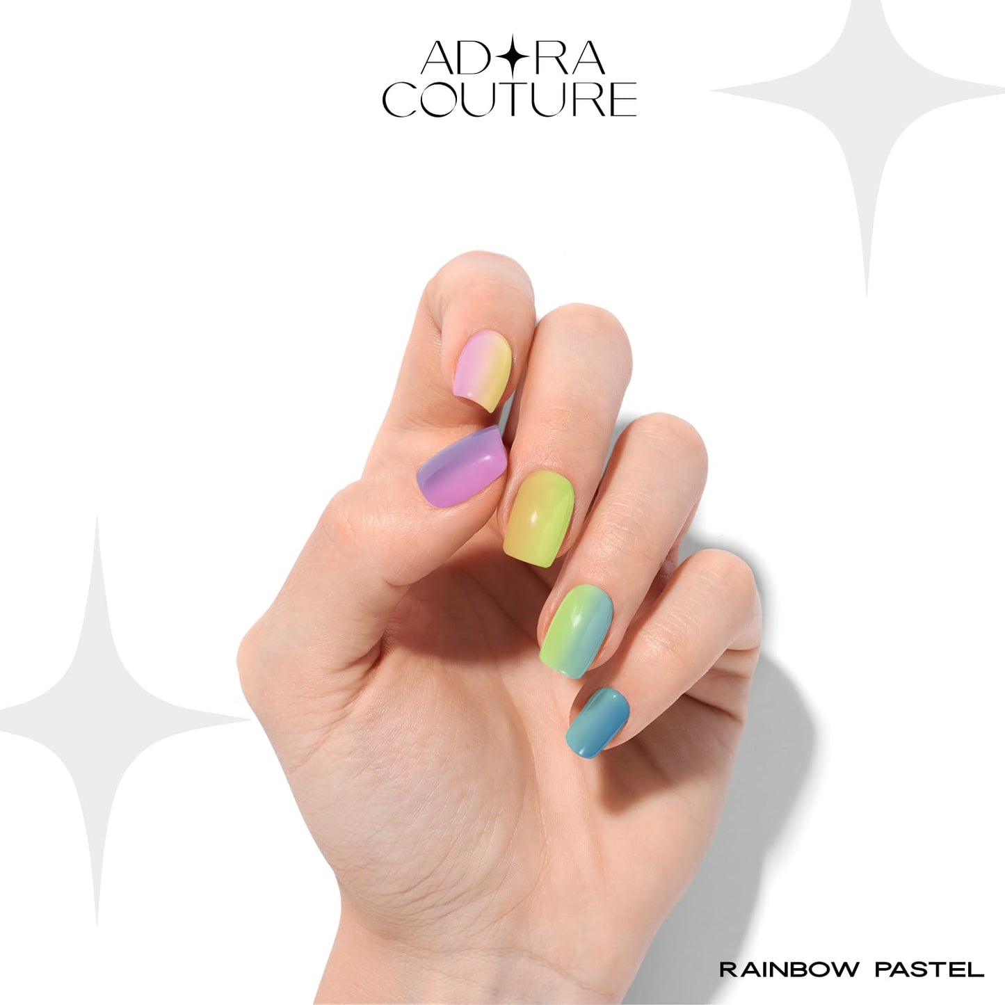 Adora Couture Semi Cured Gel Nail Strips with 30 Pieces - Salon Quality Manicure Kit for Women Easy Application Wraps Includes Prep Pads Nail File Wooden Stick, UV Light Required (M Rainbow)