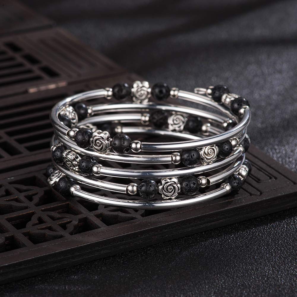 BULINLIN Wrap Bangle Rose Bead Bracelet - Beaded Bracelet with Natural Agate Stone Gifts For Women(01-Lava black)