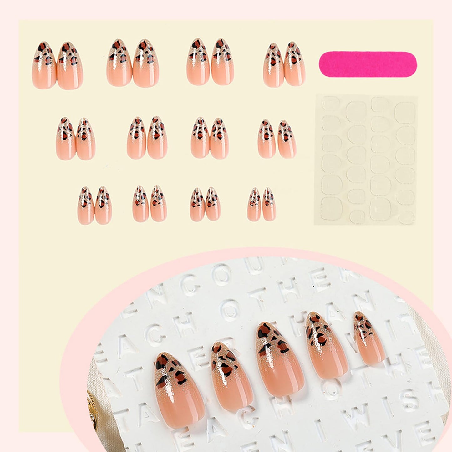 Medium Almond Press on Nails with Designs Gold Nude Pink Fake Nails Nails Press ons Acrylic Nails False Glossy Artificial Full Cover Stick on Nails for Women Girls 24 Pcs