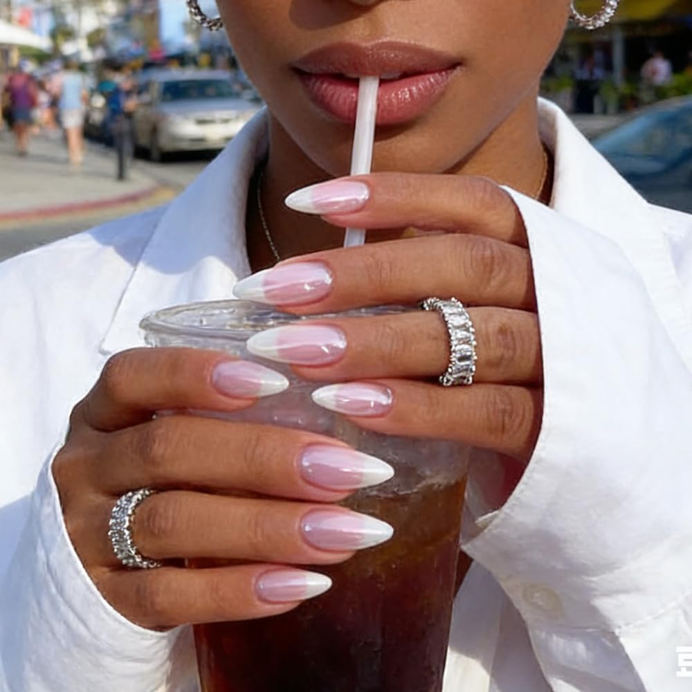 FJSMTOPl Press On Nails - Almond Fake Nails - French Tip False Nails Press ons - Medium Glue on Nails with Chrome Design - for Women Stick on Nail 24Pcs