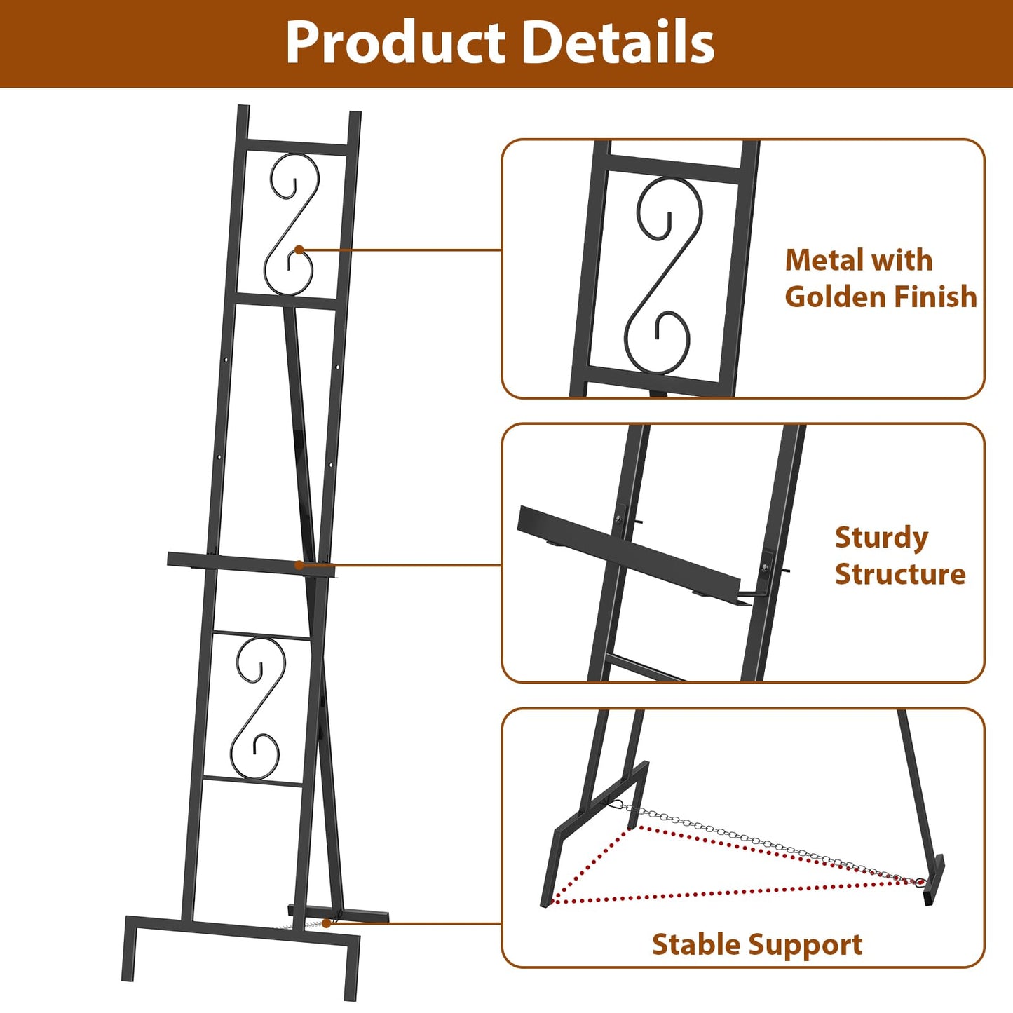 2 Pack Easel Stand for Sign, Metal Easels with Chain Support, Adjustable Free Standing Painting Rack for Display, Poster Picture, Wedding Sign,17" x 17" x 58", Black