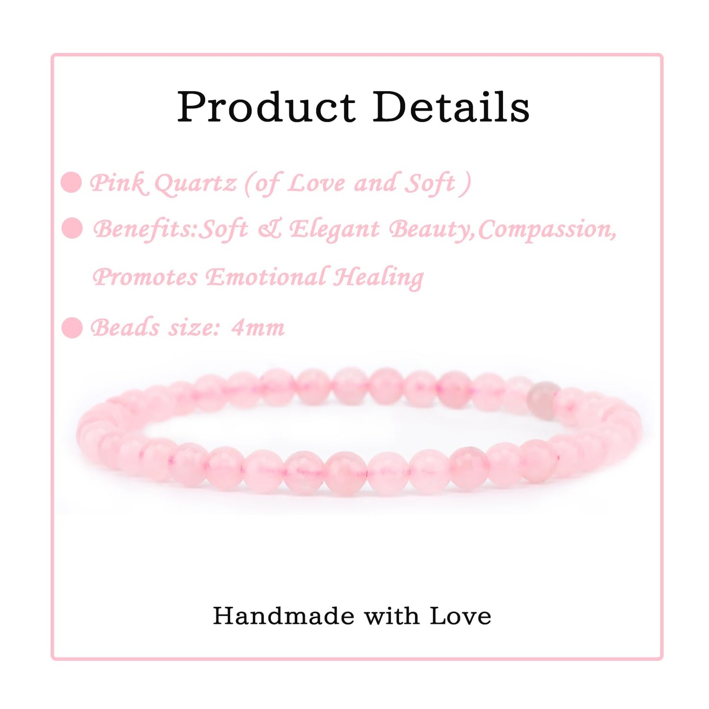 Bymitel 4mm Pink Quartz - Handmade Reiki Gemstone Stretch Bracelet, Natural Beauty & Spiritual Essence, Crystal Healing for Unisex Adults