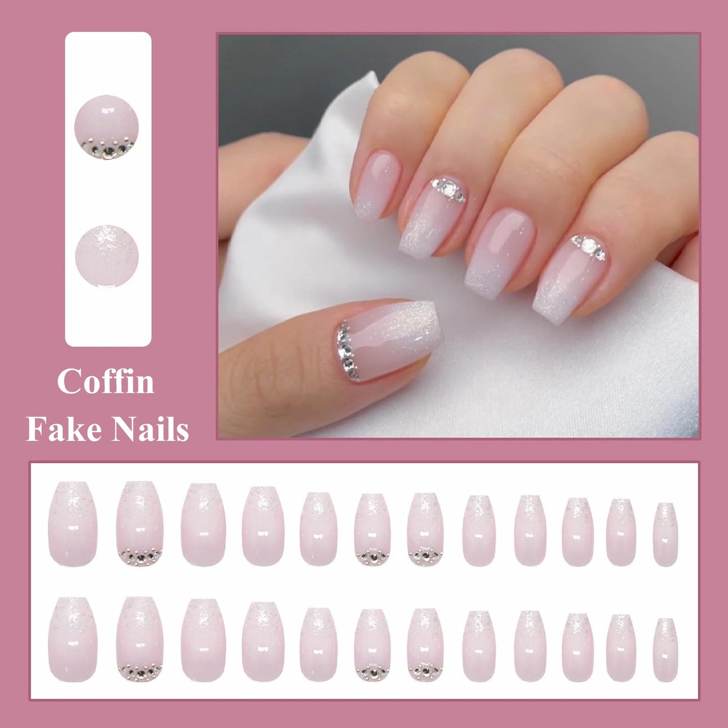 MISUD Press on Nails - Medium Coffin Fake Nails with Nude White Ombre, Acrylic Bling Glitter Rhinestone Design 24 pcs
