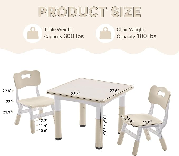 Kids Study Table and Chairs Set, Height Adjustable Toddler Table and Chair Set for Kids Ages 3-8, 23.6" L x 23.6" W Graffiti Desktop Plastic Children Art Table with 2 Seats, Burlywood