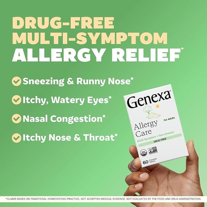 Genexa Allergy Care | Drug Free, Non-Drowsy Allergy Relief & Decongestant for Adults| Acai Berry Flavor | Organic & Non-GMO | Homeopathic Remedy Made Clean | 60 Chewable Tablets