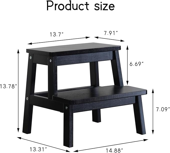 Adult & Child Wooden Two Step Stool ，Stepping Stool，Kids Step Stool Kitchen Step Stools for Bathroom– Perfect for Kitchen, Bathroom, Bedrooms & More (Black)