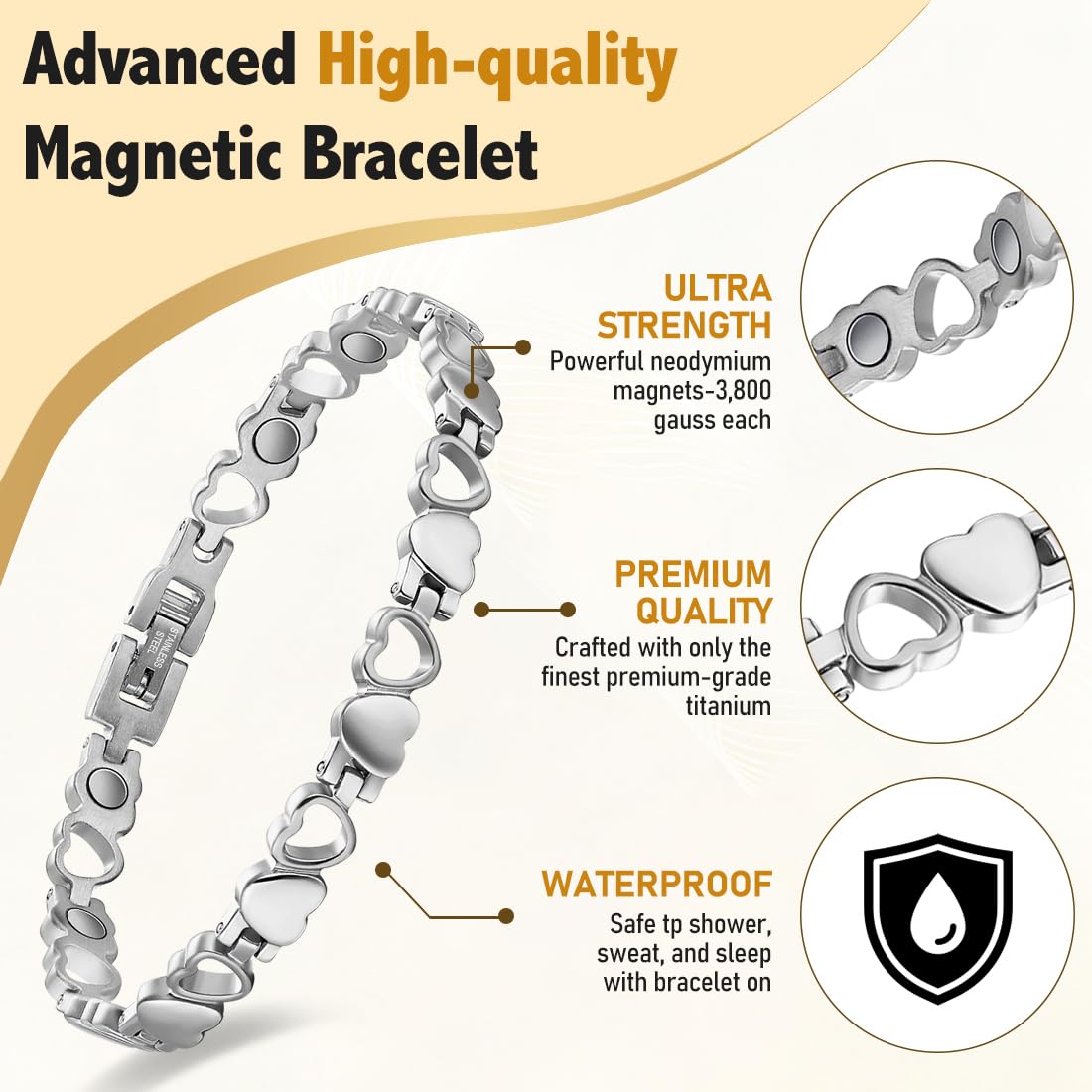 Vicmag Magnetic Bracelet for Women, Titanium Steel Bracelet with Ultra Strength Magnets, Waterproof & Adjustable, Jewelry Gift with Sizing Tool(Silver Heart)