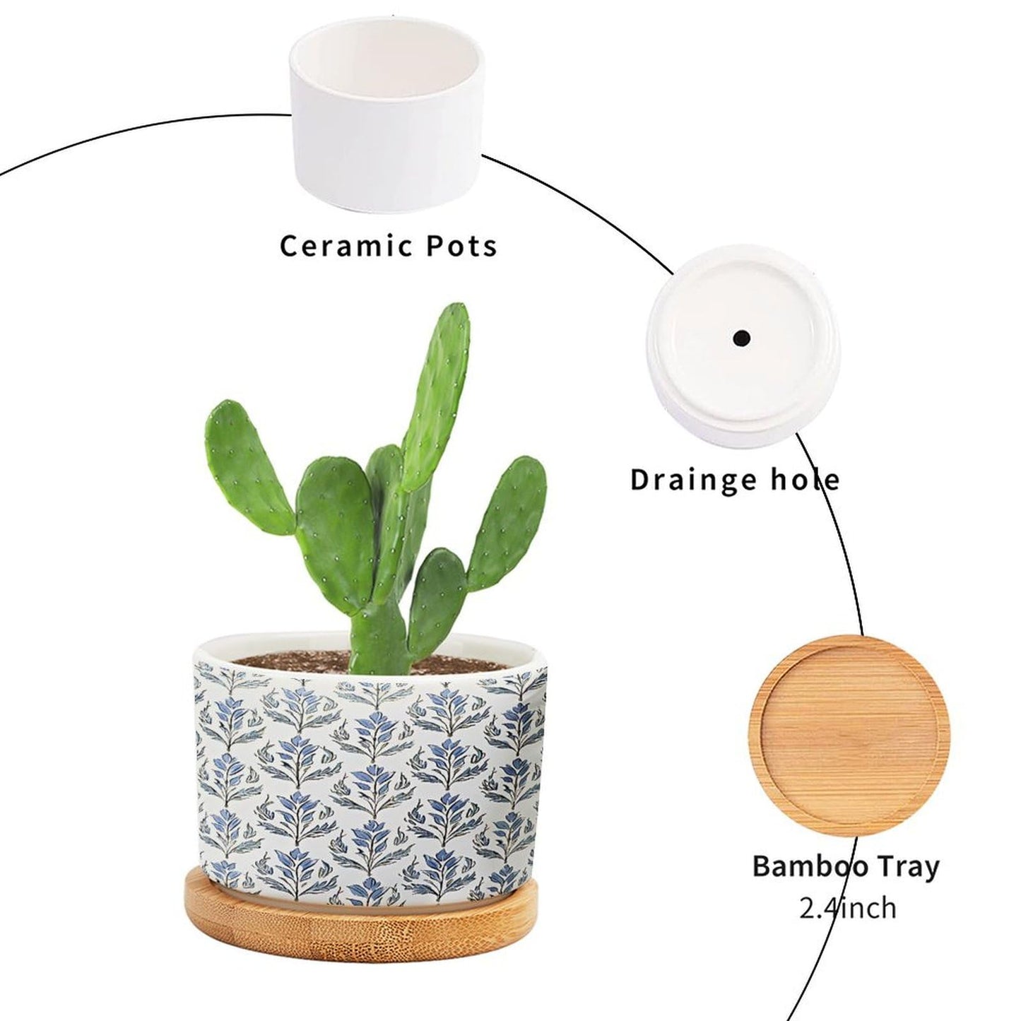 BRUYU5SE Mughal Flower Ceramic Planters Blue Floral Snake Plant Live Indoor with Pot with Drainage Holes and Saucers Pot for Indoor Outdoor Garden
