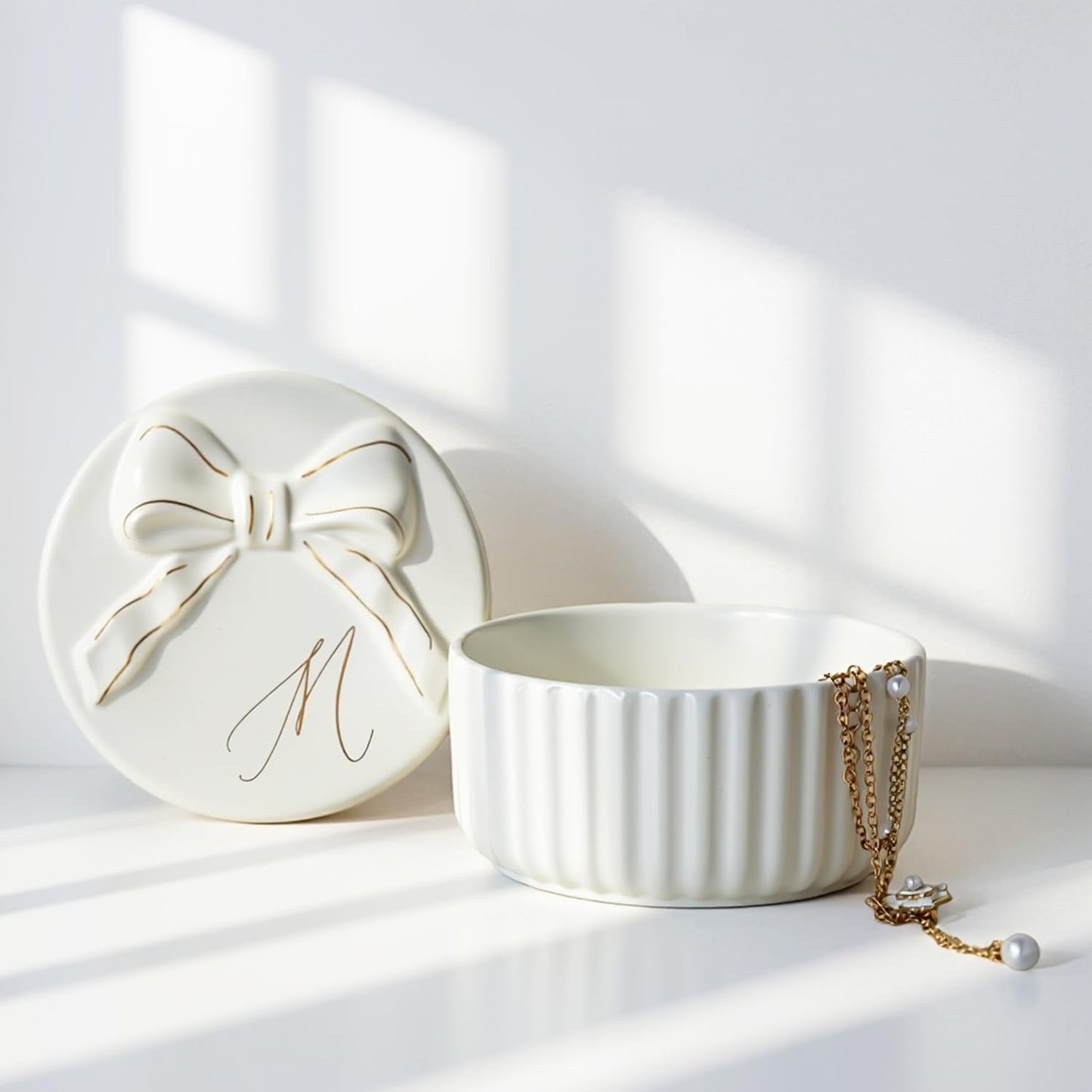 COLLECTIVE HOME Monogram Initial Jewelry Box with Bow - Elegant Ring Holder & Earring Dish | Christmas Gift Idea for Women, Unique Birthday Present for Her (M)