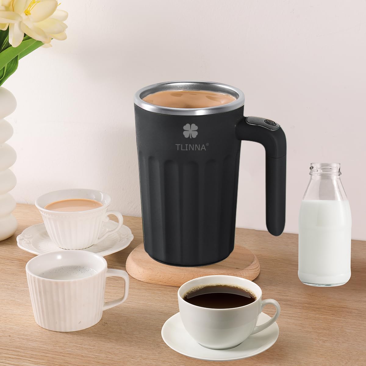 TLINNA Drink Stirrer,Self Stirring Mug,Self Stirring Coffee Mug,Suitable for Coffee, Milk, Cocoa and Other Beverages (Black, 12 Ounces)