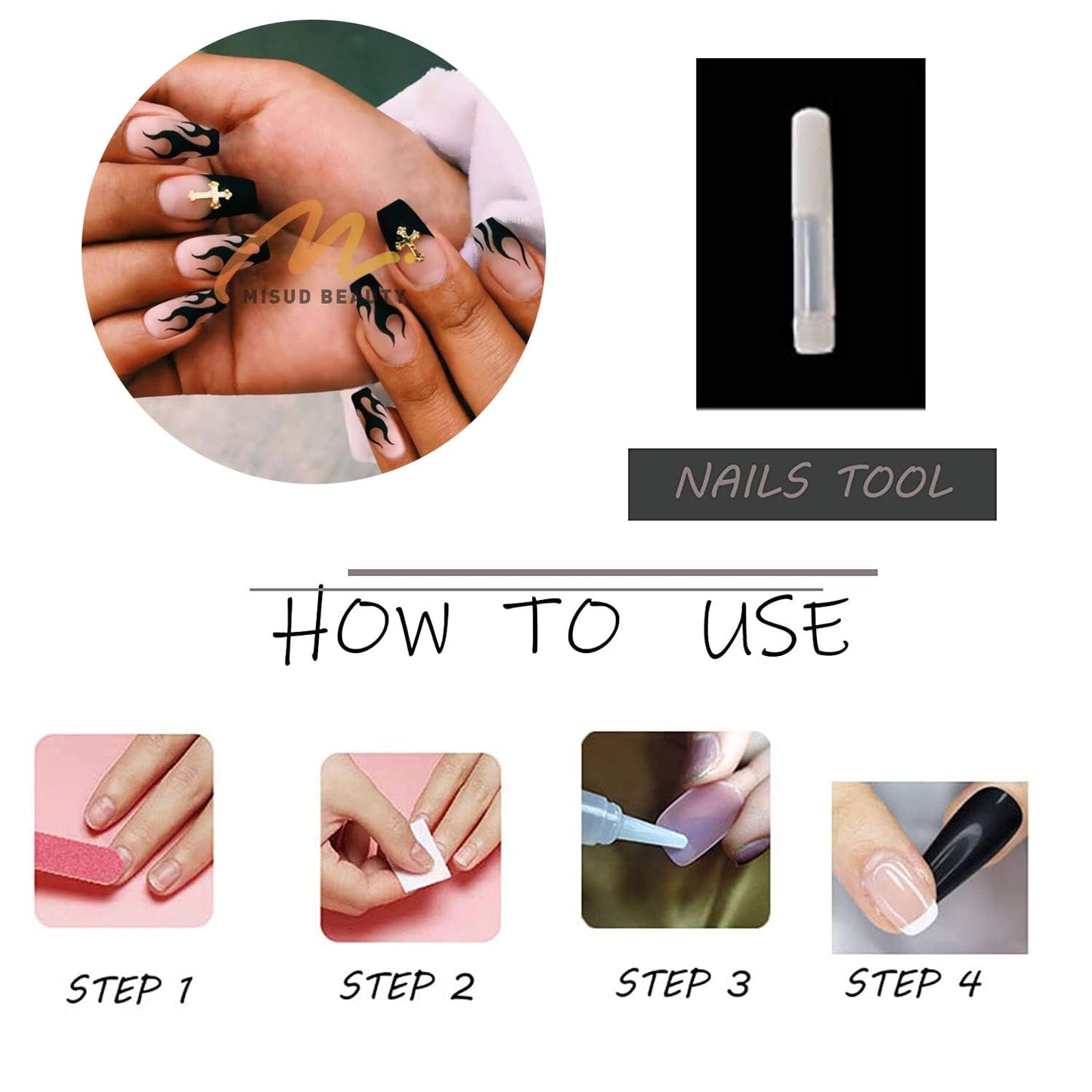 MISUD Press on Nails - Medium Coffin Glue on Nails with Goth Black Flame, Acrylic Gothic Cross Design 24 pcs