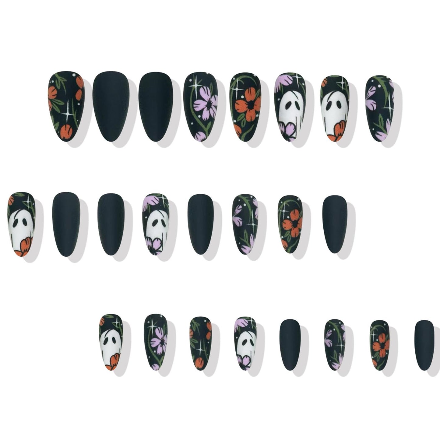 IMRAIN Halloween Press on Nails - Medium Almond Fake Nails with Ghost & Pink Orange Flower Design Full Cover Artificial Matte Black Cute False Nails for Women Manicure 24Pcs