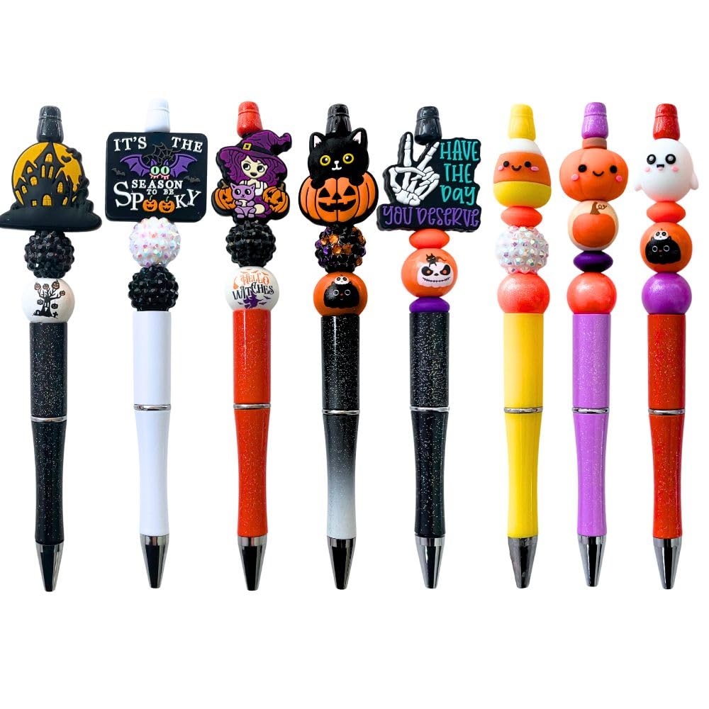 YJ PREMIUMS 8PC Halloween Bead Pens Cool Monsters Creepy Wicked Witch Spooky Scary Stuff Skull Pumpkin Haunted Birthday Decorations Decorative Desk Accessories Set School Office Supplies For Adults