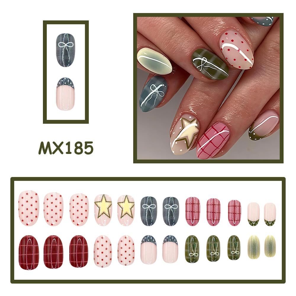 Star Polka Dot Press on Nails Short - Oval Fake Nails French Tip Bow False Nails with Plaid Designs Glossy Full Cover Glue on Nails Polka Dot Tip Nails Press ons for Women 24Pcs