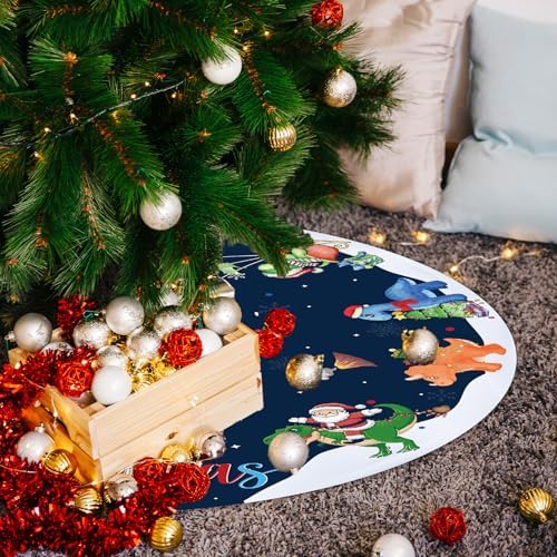 48" Christmas Tree Skirt Cute Dinosaurs Xmas Tree Skirt Santa Round Tree Mat Blue Christmas Tree Decor for Holiday Season Birthday Baby Shower Winter Xmas Party Supplies