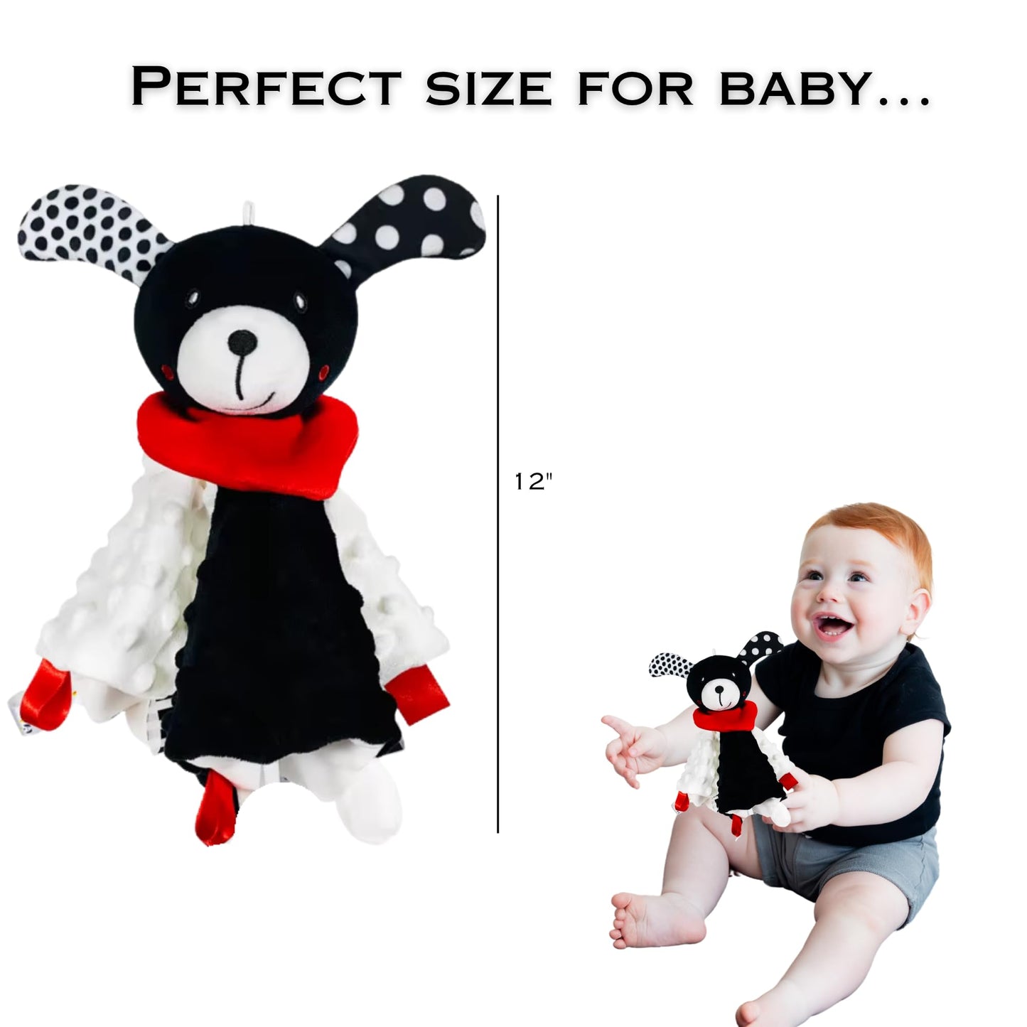 High Contrast Baby Security Blanket-Soft Sensory Lovey for Babies-Red, Black and White Blankie Comfort Toy (Spot the Pup)