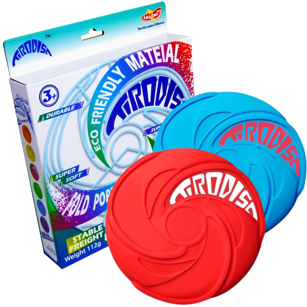 AMAZING TOYZ Tirodisc Frisbee for Kids 2-Pack Red and Blue 20cm Foldable Pocket Durable Soft Silicone Fly Stable Easy Throw Easy Catch Flying Disc for Adults Beginner Waterproof Outdoor Toys Gift