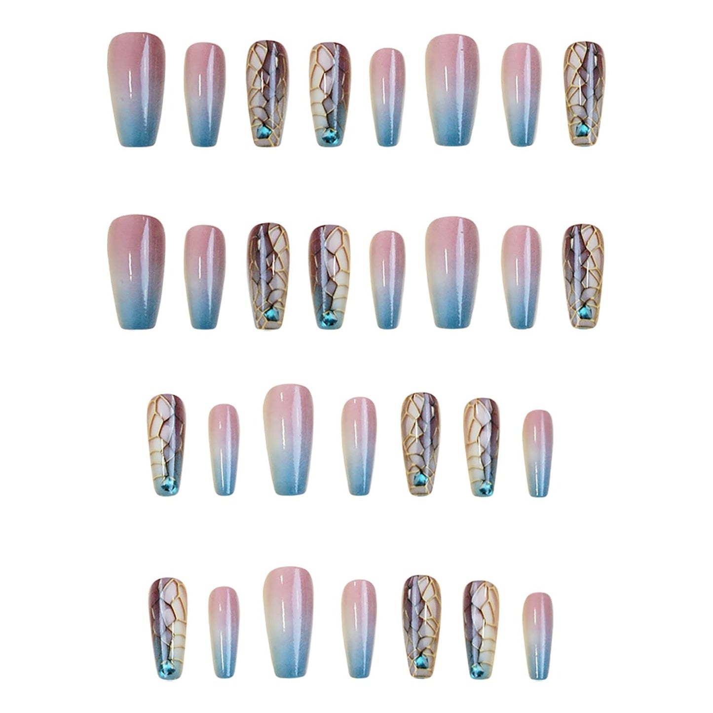 Pink Blue Gradient Press on Nails Medium Gold Mesh False Nails Blue Diamond Design Press Nails Full Cover Glossy Acrylic Nails Artificial Coffin Nails Ballet Shaped Stick on Nails for Women 24Pcs