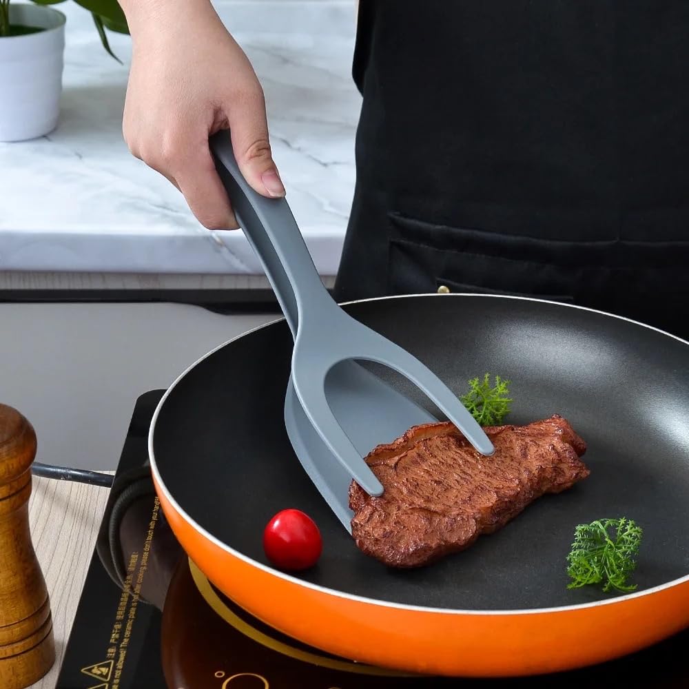 Generic 3 Colors (Grey,Black,Red) 2 in 1 Spatula and Tongs for Coking Turne,Egg Omelette Spatula Flipper,Fish tong, Pacake spatula, Combo Thin Head,Useful Kitchen Accessories (Grey), Medium, Gray