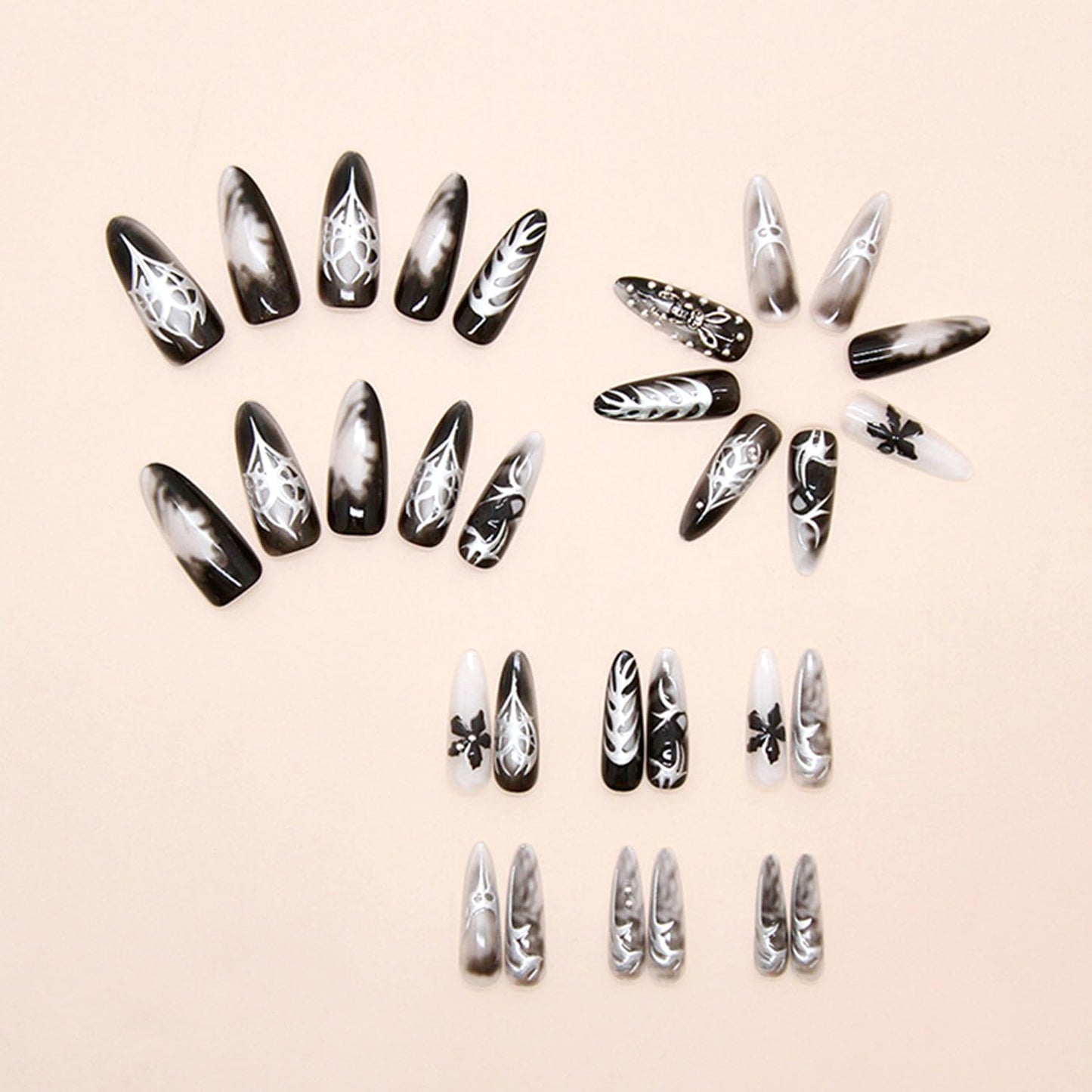 30Pcs Black Smudge Press on Nails Long Almond Fake Nails 3D Flower & Rabbit Design False Nails Chrome Silver Acrylic Nails Silver Metal Irregular Line Full Cover Y2K Star Heart Stick on Nail for Women