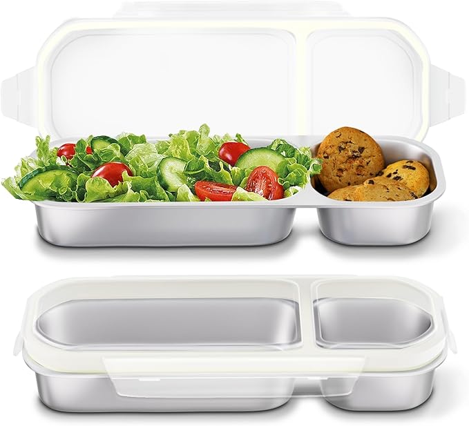 Stainless Steel Snack Containers for Kids Adults, 2 Pack 2 Compartment Metal Snack Containers Box with Lid, Reusable Food Storage Container, Leak Proof, Grab and Go