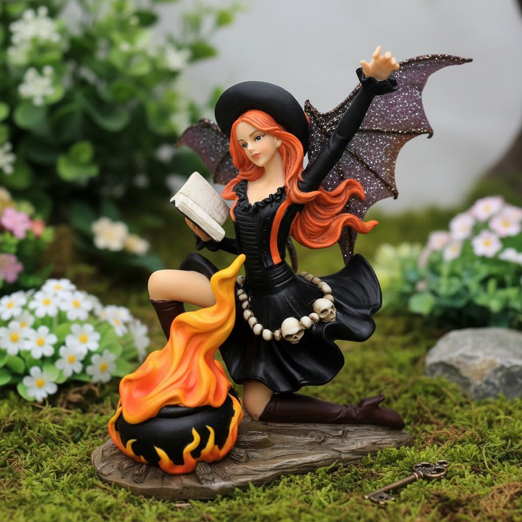 Comfy Hour 9" Gothic Fairy Witch Figurine with Owl and Cauldron, Fantasy Sorceress Reading Book Statue, Mystical Halloween Indoor Decor Accent, Polyresin Artisan Crafted Sculpture, 1 Unit