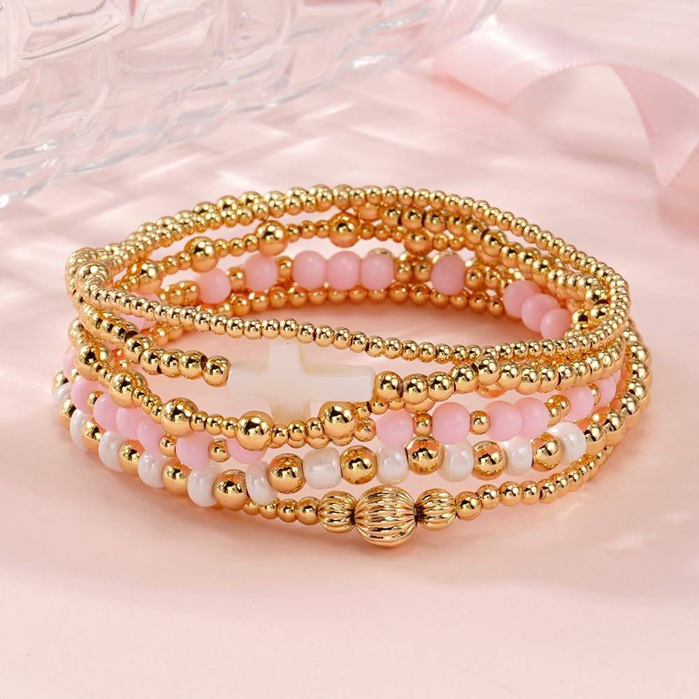 Bohxantium 14K Gold Beaded Bracelets for Women Boho Colorful Gold Beads Ball Stackable Stretch Christian Cross Bracelet Stack Waterproof Trendy Non Tarnish Jewelry Accessories Friendship Gift
