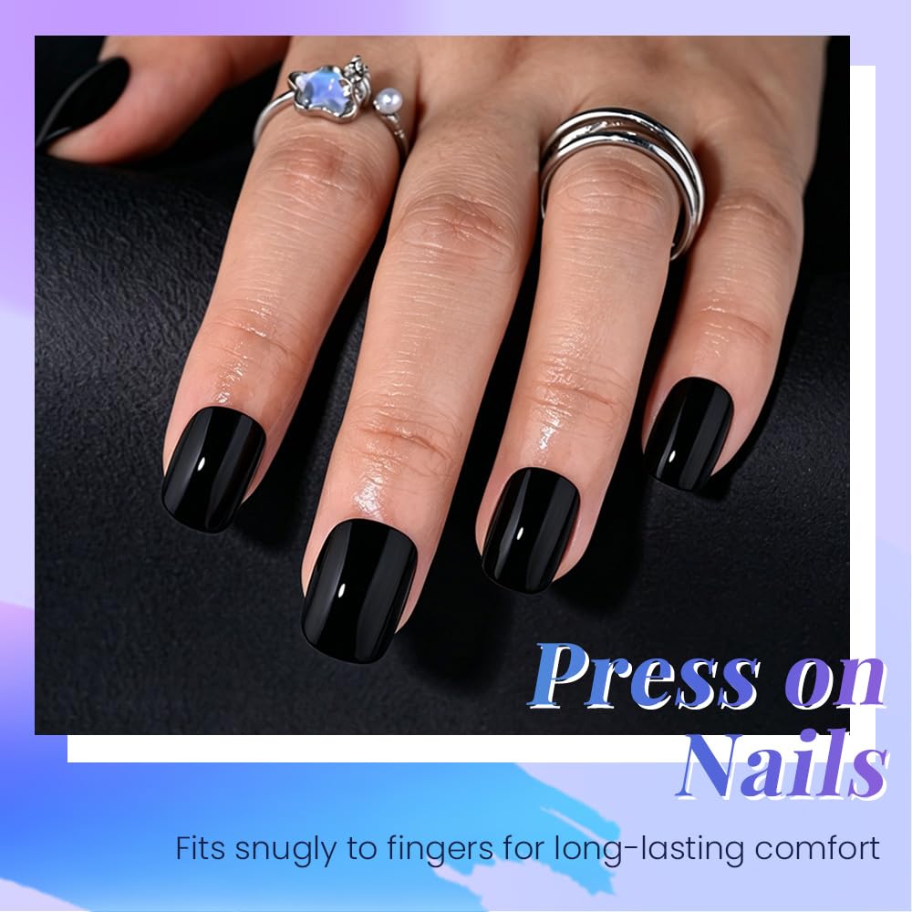 evpct Black Glossy Squoval Short Press on Nails for Women, Black Extra Short Squoval No Glue Stick on Nails with Kit, Reusable Full Cover Soft Press on Acrylic Fake Nail Salon-quality Perfectly Fit