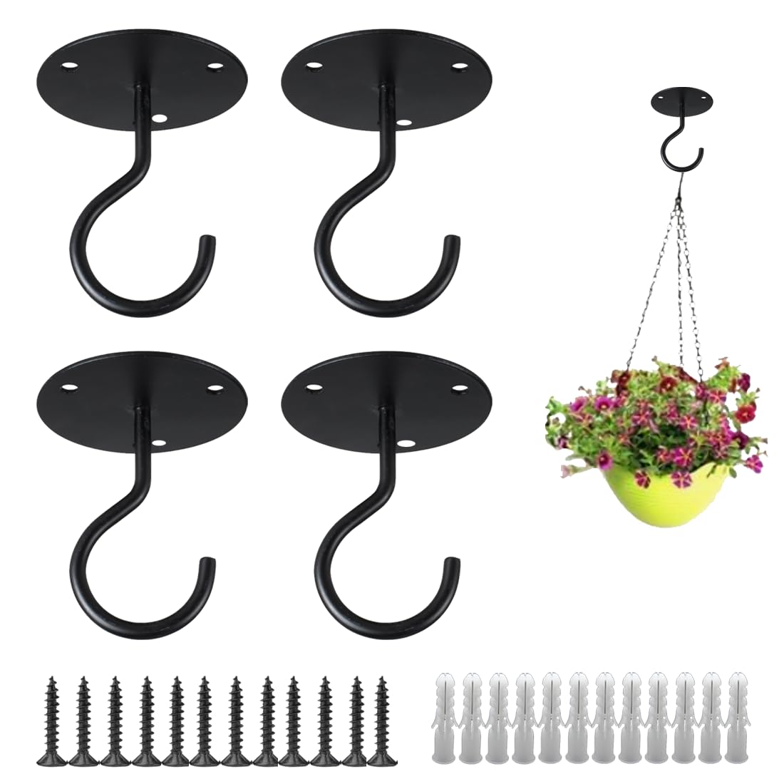 otylzto 4Pack Ceiling Hooks for Hanging Plants - Heavy Duty Plant Hooks for Hanging Baskets,Lanterns,Wind Chimes,Planters,Plant Hanger Hook,Ceiling Plant Hangers,Outdoor Decoration Hooks (Black)