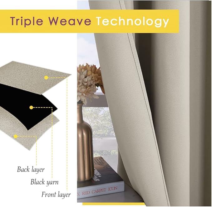 NICETOWN Bedroom Curtains Blackout Drapery Panels, 2 Panels, 70 x 108 inches, Natural, Three Pass Microfiber Thermal Insulated Solid Ring Top Blackout Window Curtains/Drapes