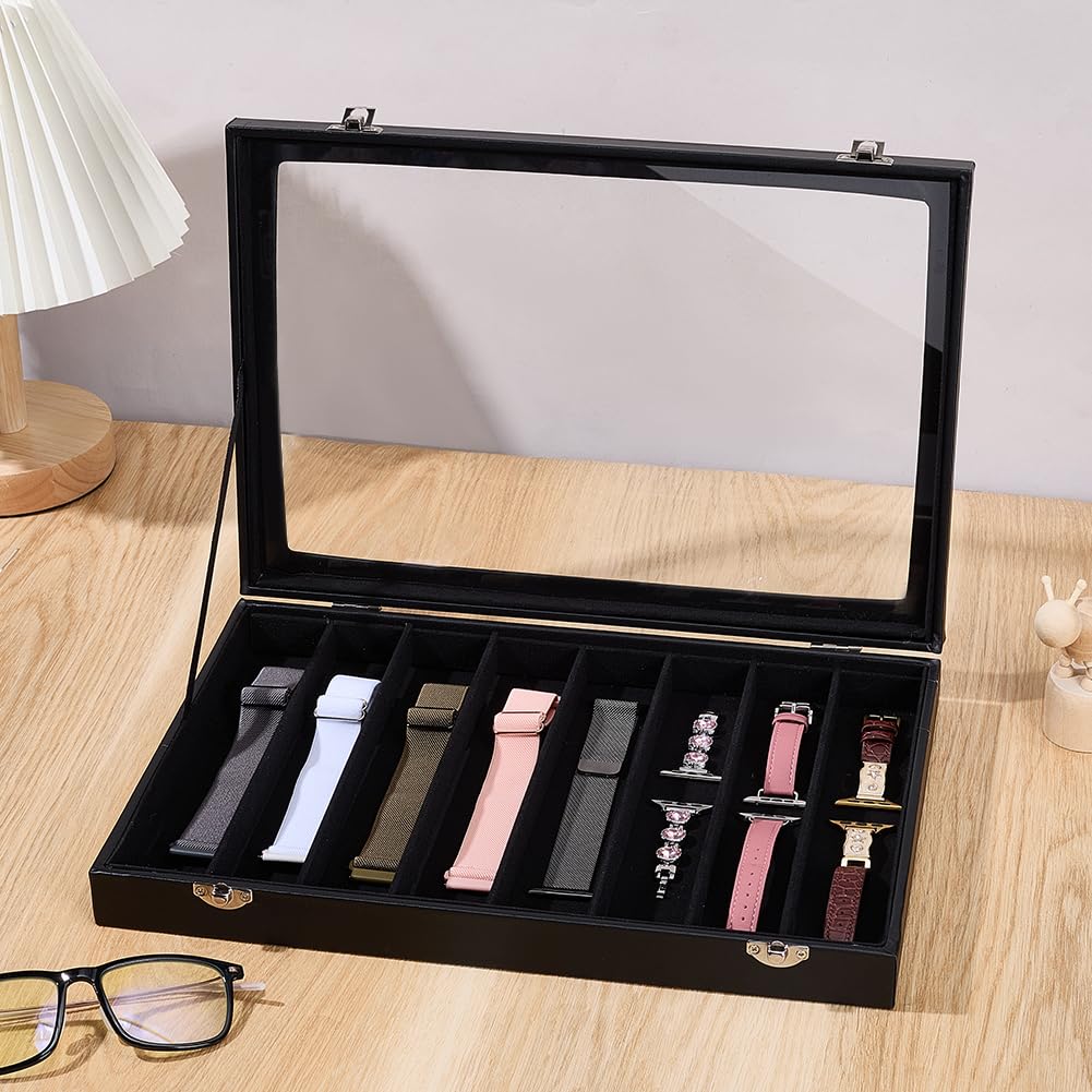 PH PandaHall 8 Slot Necklace Display Boxes, PU Leather Necklace Holder Organizer with Clear Window Watch Display Tray for Retail Store Jewelry Storage Stackable Necklace Display, Black