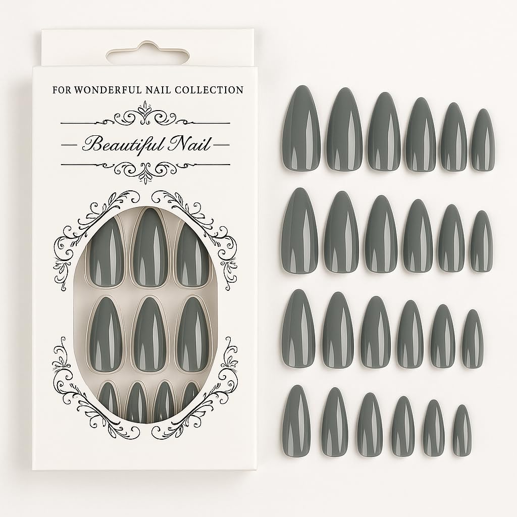 Glossy Slate Color Press On Nails – Almond Shape, Medium Length, 24 PCS Fake Nails with Nail File & Glue Tabs, Reusable ABS Material