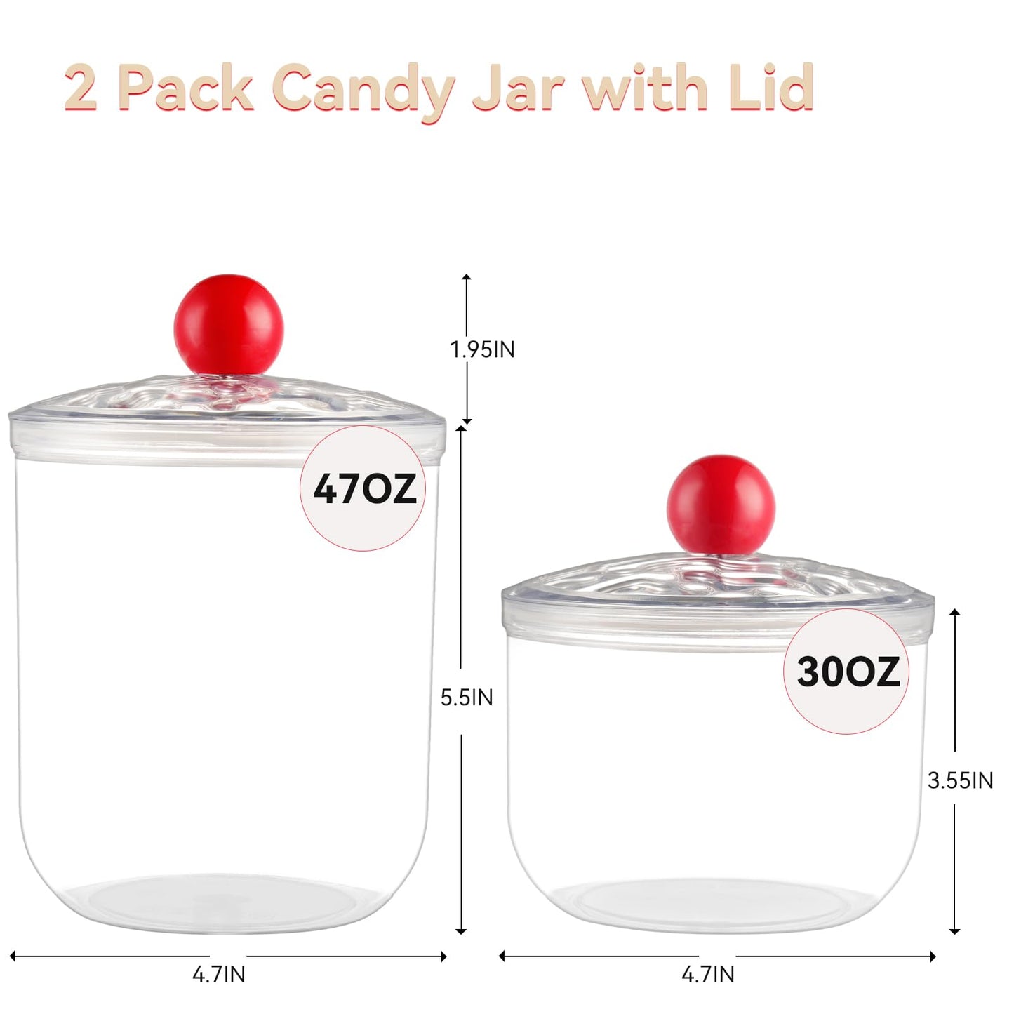 2 Pack Candy Jars with Lids - 47 & 30 OZ Clear Plastic Cookie Storage Containers Airtight Apothecary Canisters for Kitchen Home Decorative Pantry Office Party Organize Sugar Tea Coffee Snacks