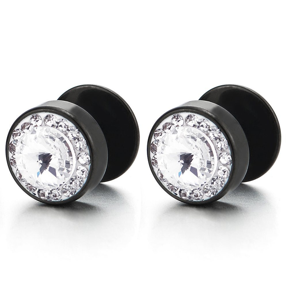 10mm Mens Women Black Circle Stud Earrings with Cubic Zirconia Steel Cheater Fake Plug Gauges Tunnel