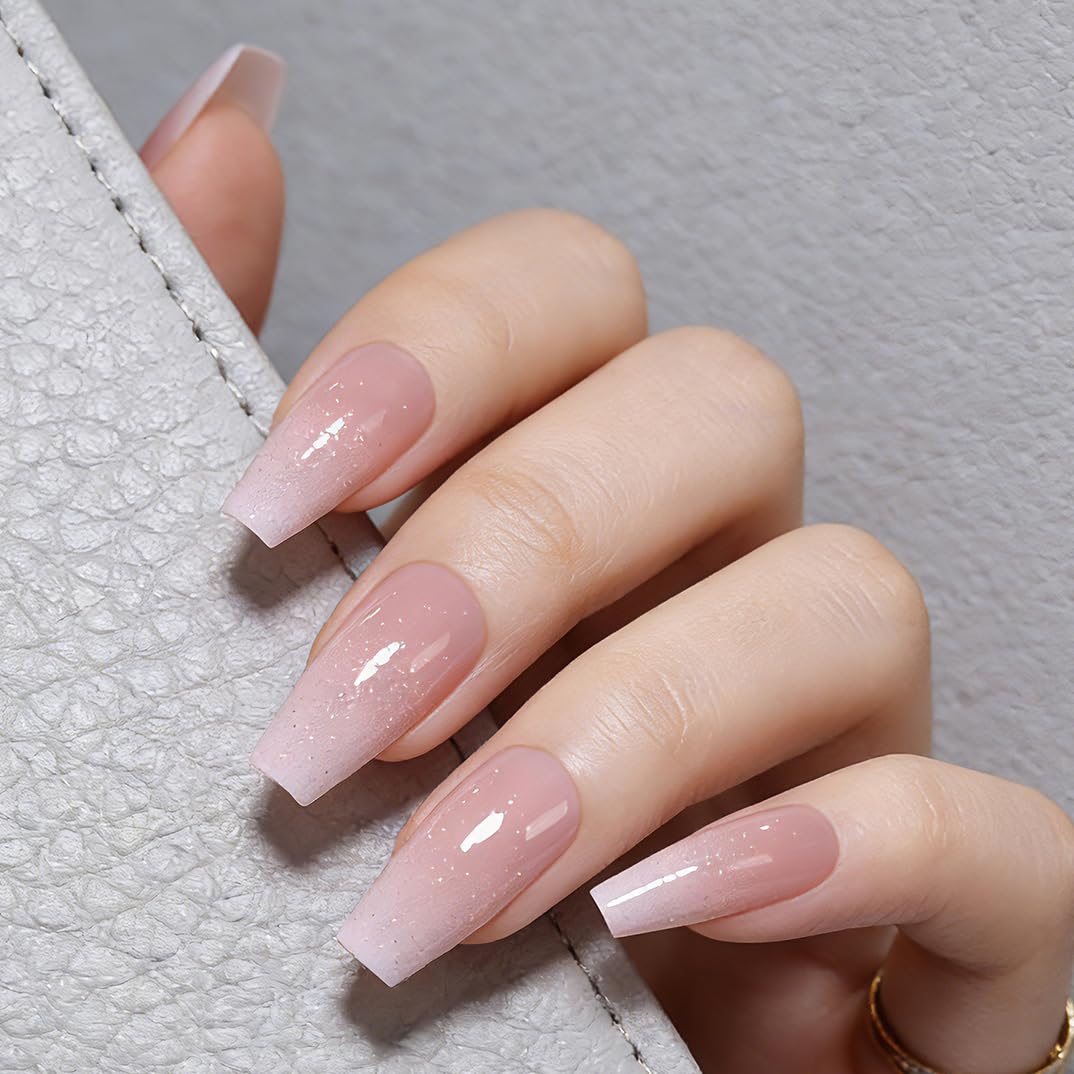 Goolich Pink Ombre Press On Nails Medium Coffin, Pink with Glitter Nails Press ons Set with Adhesive Tabs, 24 Pcs 12 Size Reusable Full Cover Glue on Nails for Women