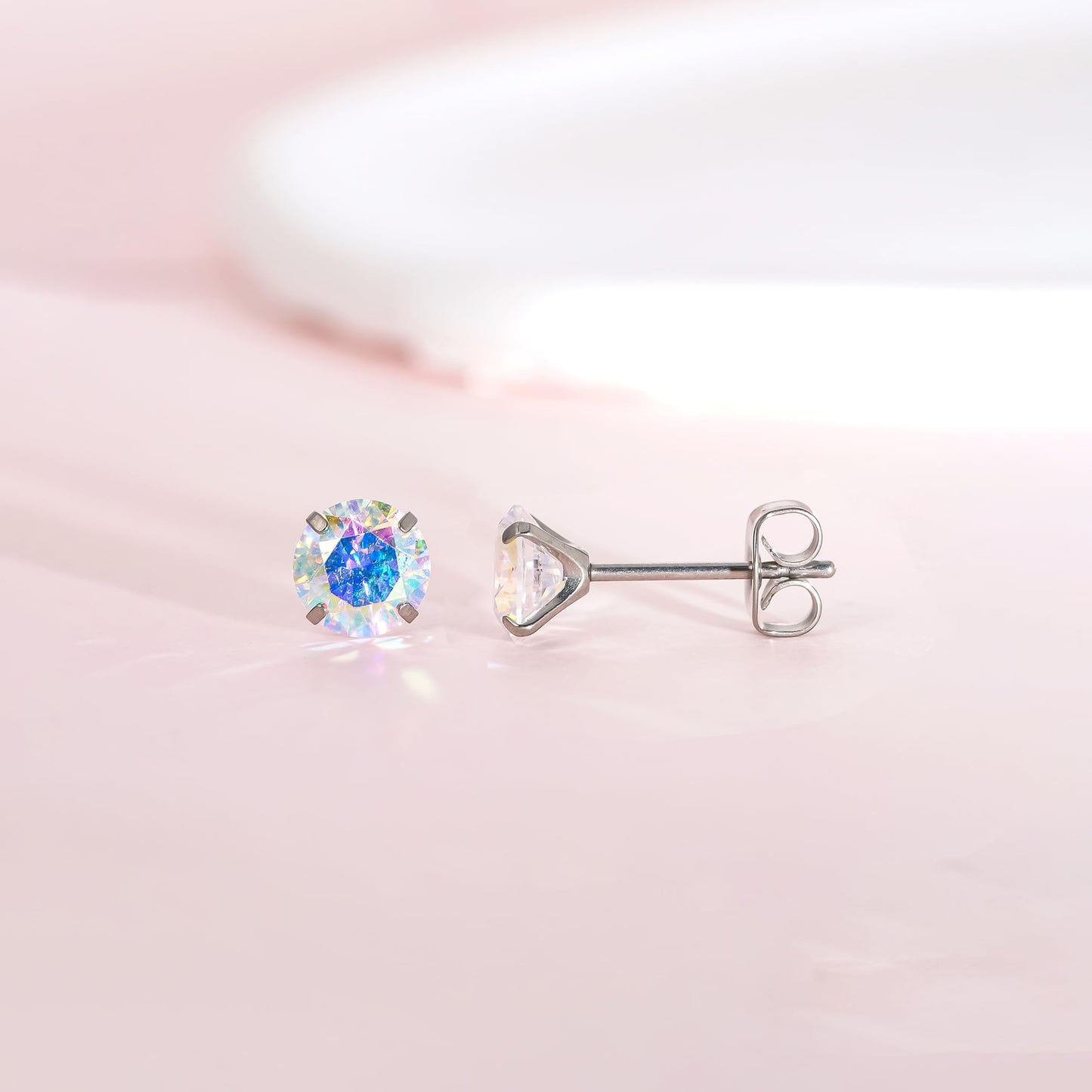 Limerencia Hypoallergenic G23 Titanium Earrings, F136 Implant Grade Pure Titanium, Suitable for Sensitive Ears with Birthstone Crystals CZ Simulated Diamonds (Aurora Borealis)