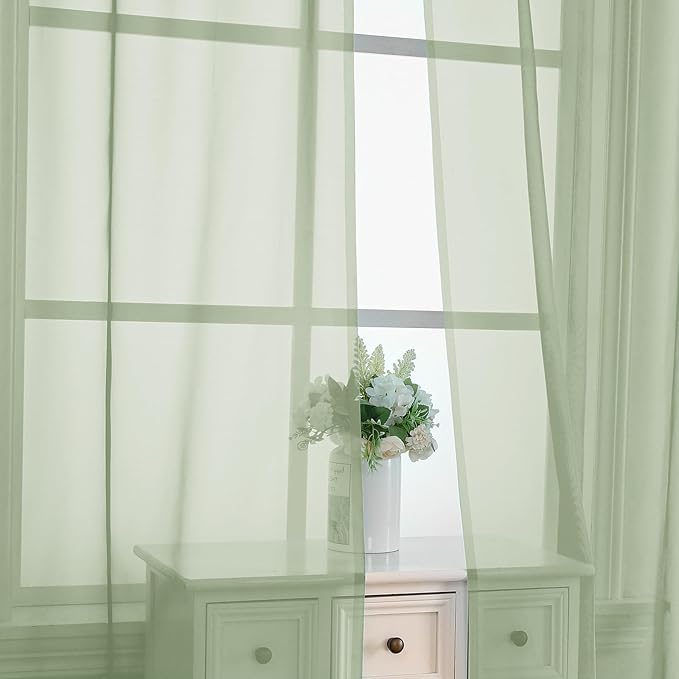 OVZME Light Green Sheer Curtains 90 Inches Long 2 Panels - Soft Light Filtering Window Sheer Panels for Living Room/Bedroom, Top Dual Rod Pocket, 1 Pair, Each 42Wx90L Inches