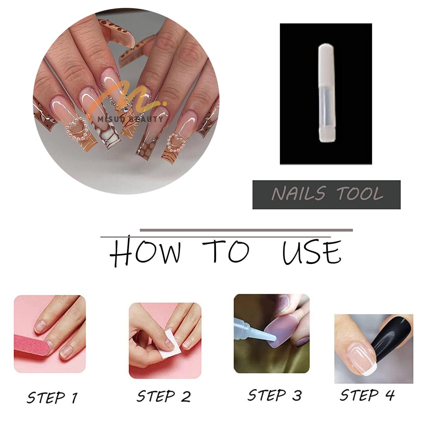 MISUD Press on Nails - Long Square Glue on Nails with Cheetah, Acrylic Fall Brown Design 24 pcs