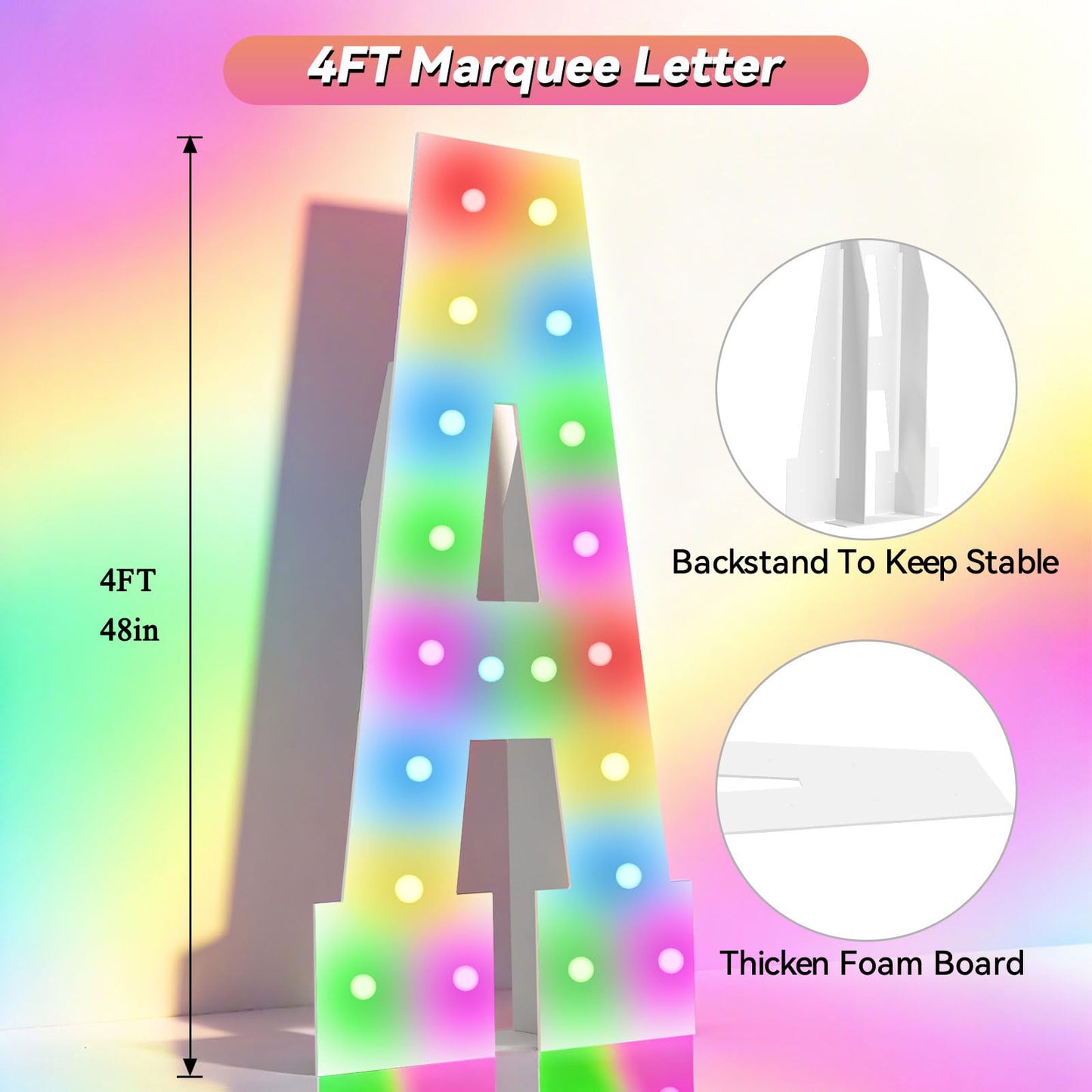4FT Marquee Light Up Letters, 34 Colors Changing Marquee Letters M with Remote,Weighted Water Bag, Pre-Cut Foam Board Set Can Be Used for Birthday Party Wedding Event Baby Shower