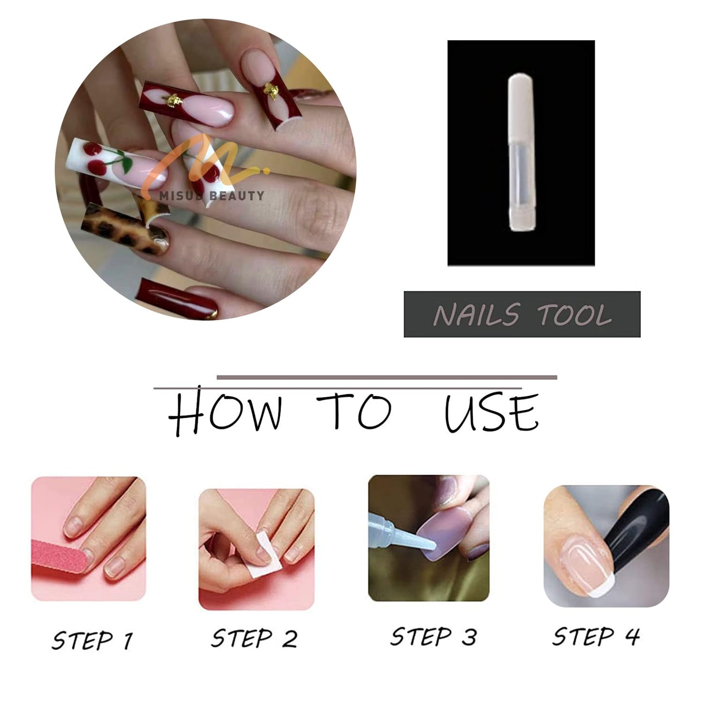 MISUD Press on Nails - Extra Long Square Glue on Nails with Cherry, Acrylic Tortoise Shell Design 24 pcs