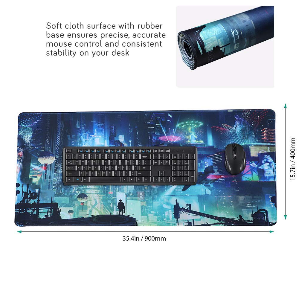 Imegny Extended Gaming Mouse Pad, Portable Mat for Keyboard & Mouse with Stitched Edges + Non-Slip Rubber Base （90x40 Green city005）